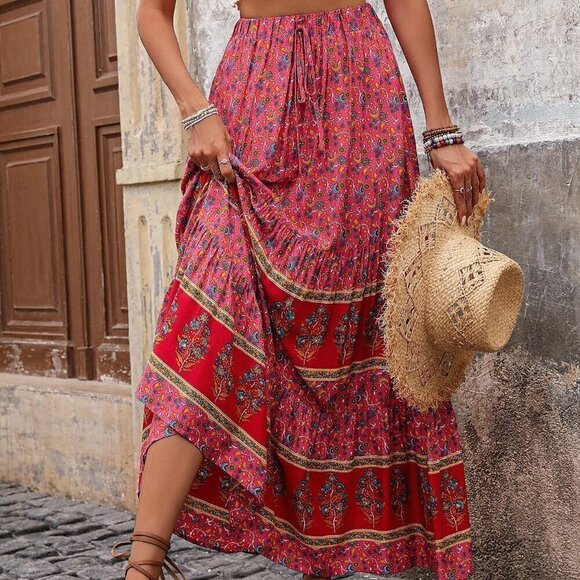 Pink Boho Women's Color Block Butterfly Printed Maxi A-Line Skirt For Vacation - Picture 4 of 6